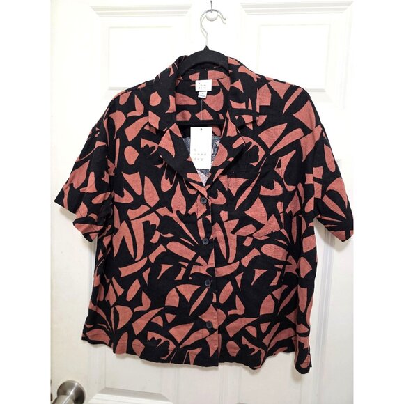 A New Day Women's Black & Rust Abstract Print Linen Blend Button-Up Short Sleev - Picture 2 of 7